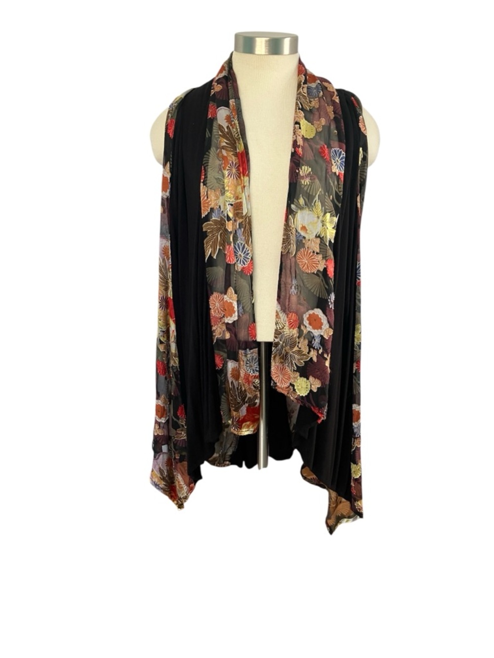 Black Floral Sleeveless Chiffon Overlay Tunic Vest